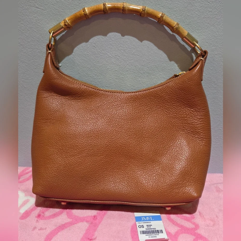 J. McLaughlin Folly Leather Handbag With Bamboo Handle - Picture 2 of 10